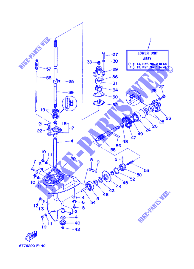 PROPELLER HOUSING AND TRANSMISSION 1 for Yamaha E8D Enduro, Manual Starter, Tiller Handle, Manual Tilt, Pre-Mixing, Shaft 20