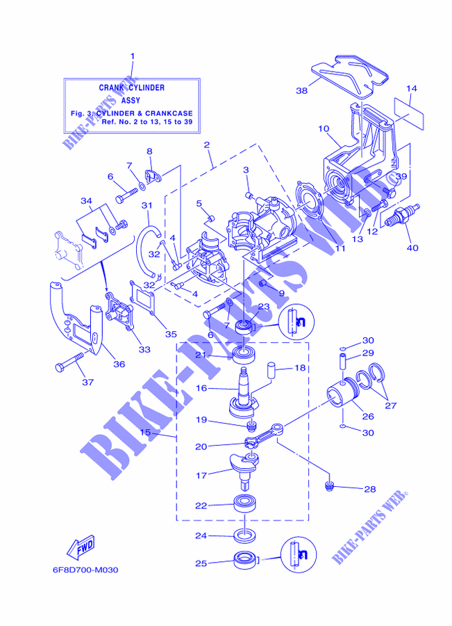 CYLINDER / CRANKCASE for Yamaha 2C Manual Starter, Tiller Handle, Manual Tilt, Pre-Mixing, Shaft 15