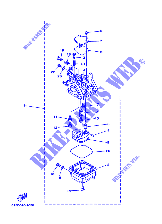 CARBURETOR for Yamaha 25B Manual Starter, Tiller Handle, Manual Tilt, Pre-Mixing, Shaft 15