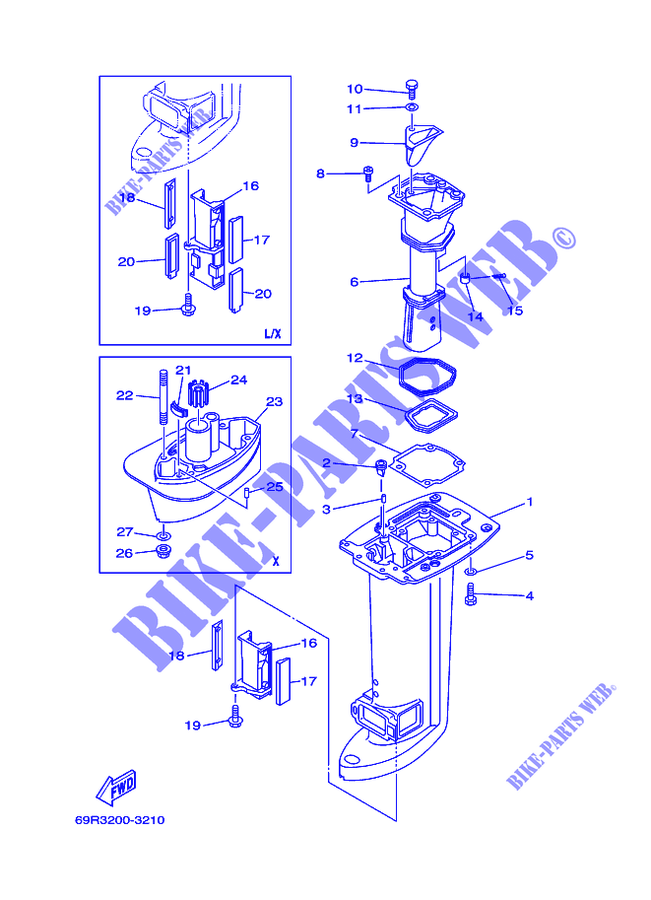 UPPER CASING for Yamaha 25B Manual Starter, Tilller Handle, Manual Tilt, Pre-Mixing, Shaft 15