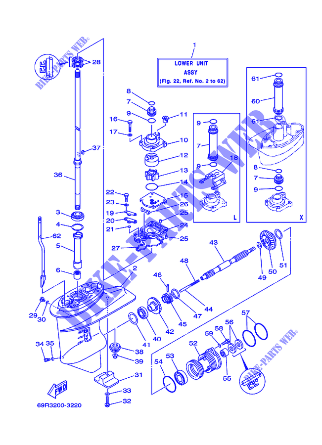 LOWER CASING & DRIVE 1 for Yamaha 25B Manual Starter, Tilller Handle, Manual Tilt, Pre-Mixing, Shaft 15