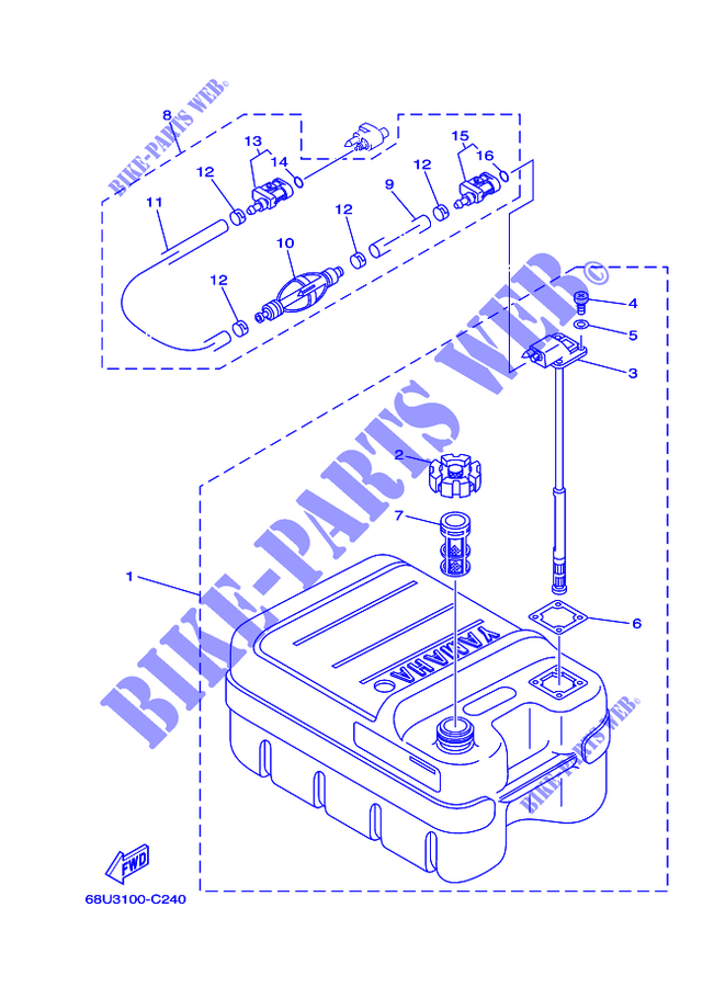 FUEL TANK for Yamaha E25B Enduro, Manual Starter, Tilller Handle, Manual Tilt, Pre-Mixing, Shaft 15