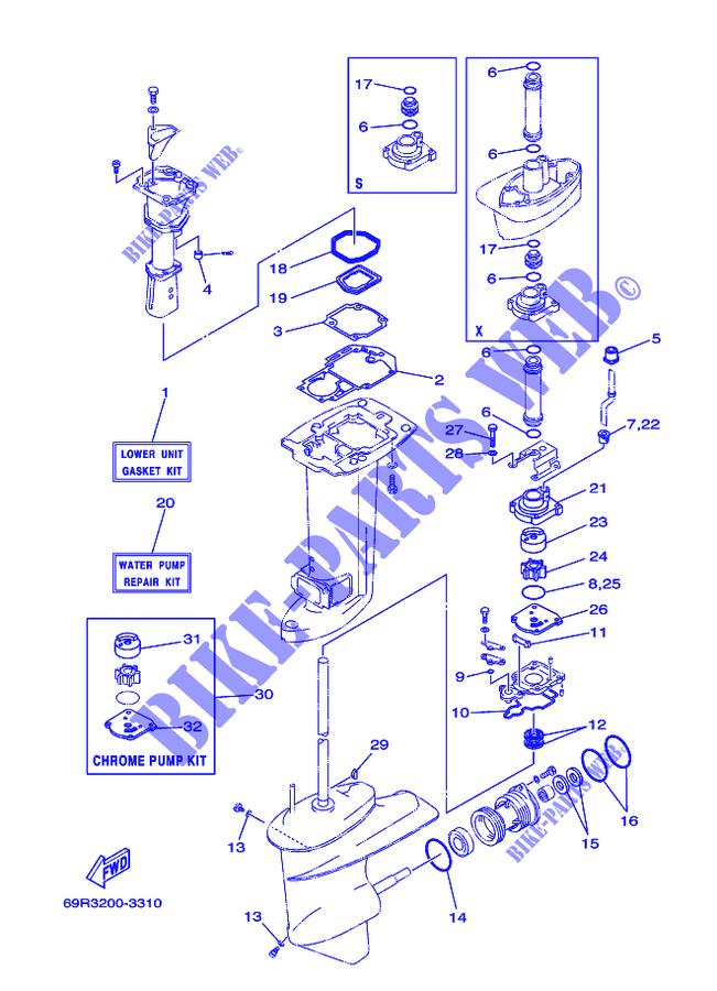 REPAIR KIT 2 for Yamaha E25B Enduro, Manual Starter, Tilller Handle, Manual Tilt, Pre-Mixing, Shaft 15