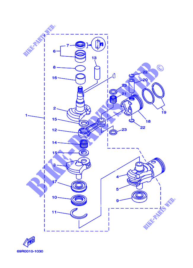 CRANKSHAFT / PISTON for Yamaha E30H Manual Starter, Tiller Handle, Manual Tilt, Pre-Mixing, Shaft 15